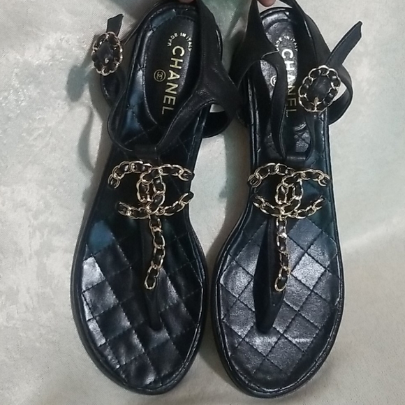 CHANEL Shoes - CHANEL Sandals Quilted Leather Black Gold Logo 8